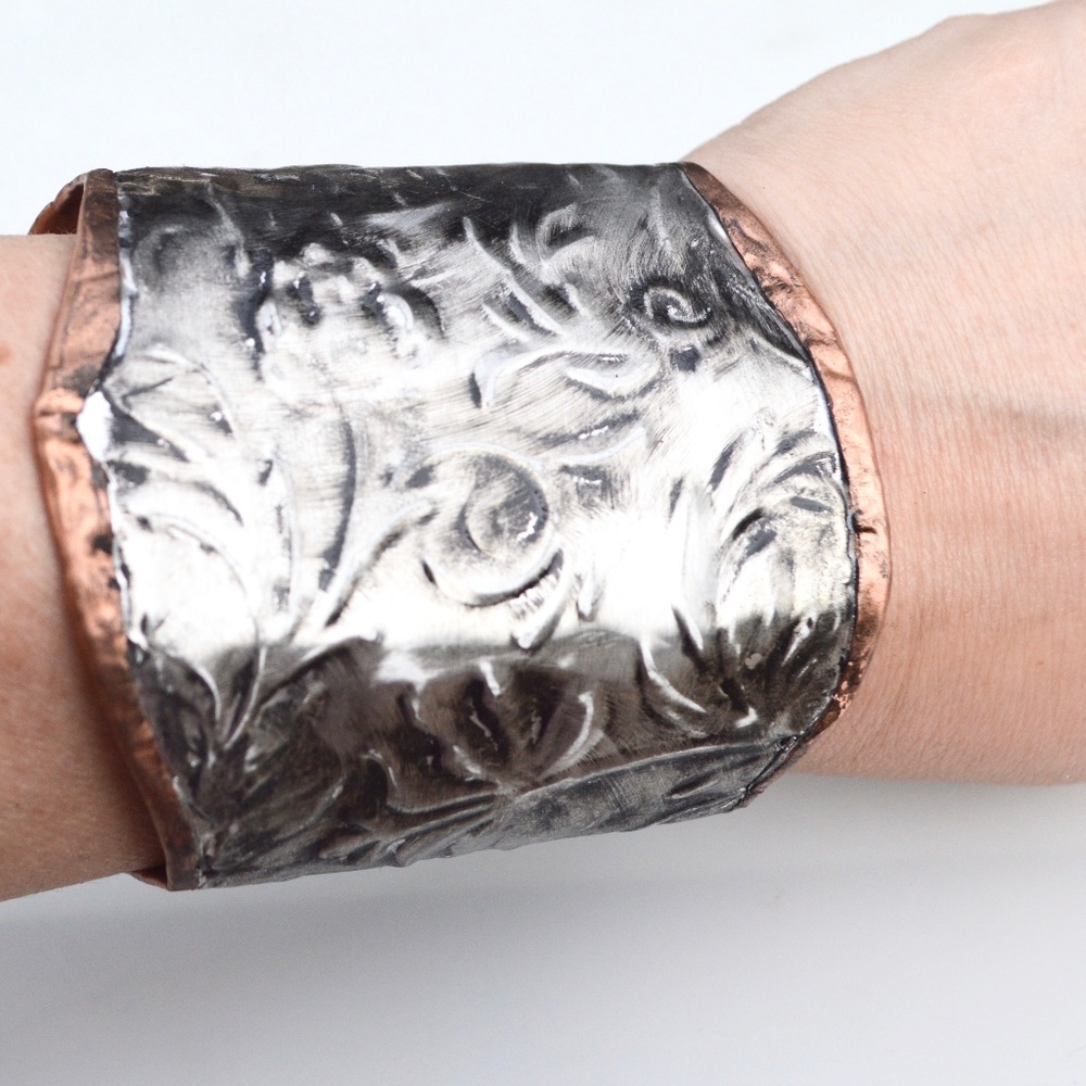 Rose Floral Silver Copper Embossed Gladiator Cuff Wide Handmade Victorian Armor - Picture 7 of 12
